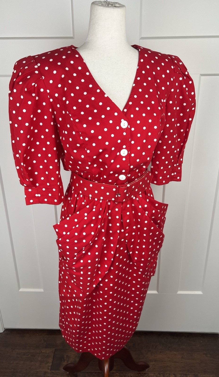 Vintage Choon California Red White Polka Dot Dress Belted Tulip Bubble Pocket 12