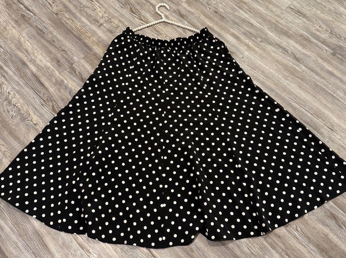 VTG Tan Jay Women’s Black & White Polka Dots Elastic Waist Midi Flowy Skirt 14