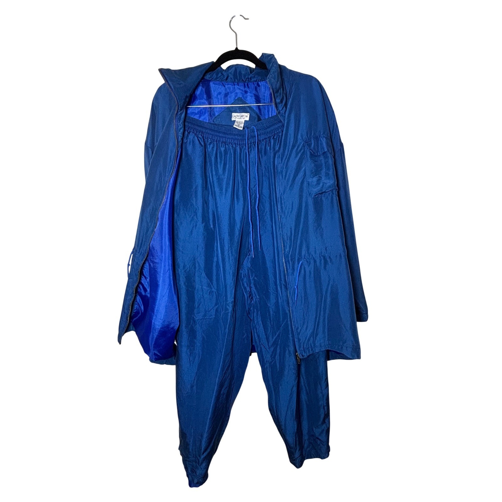 Lady Lavon Vintage 100% Silk Tracksuit Set Royal Blue Jacket Pants Womens 1X