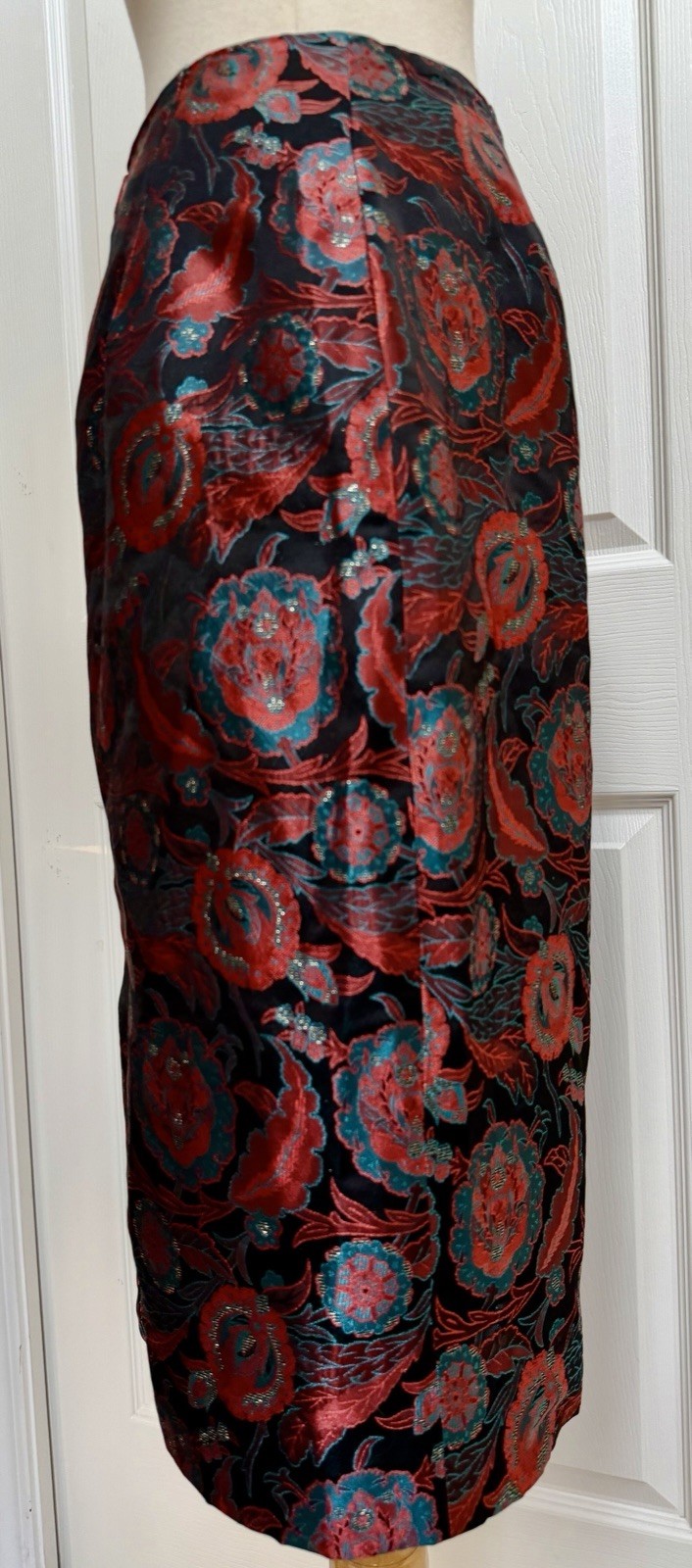 Vintage 80s Jill Richards SZ 8 Nipped Waist Brocade Suit Puff Sleeve Back Bow
