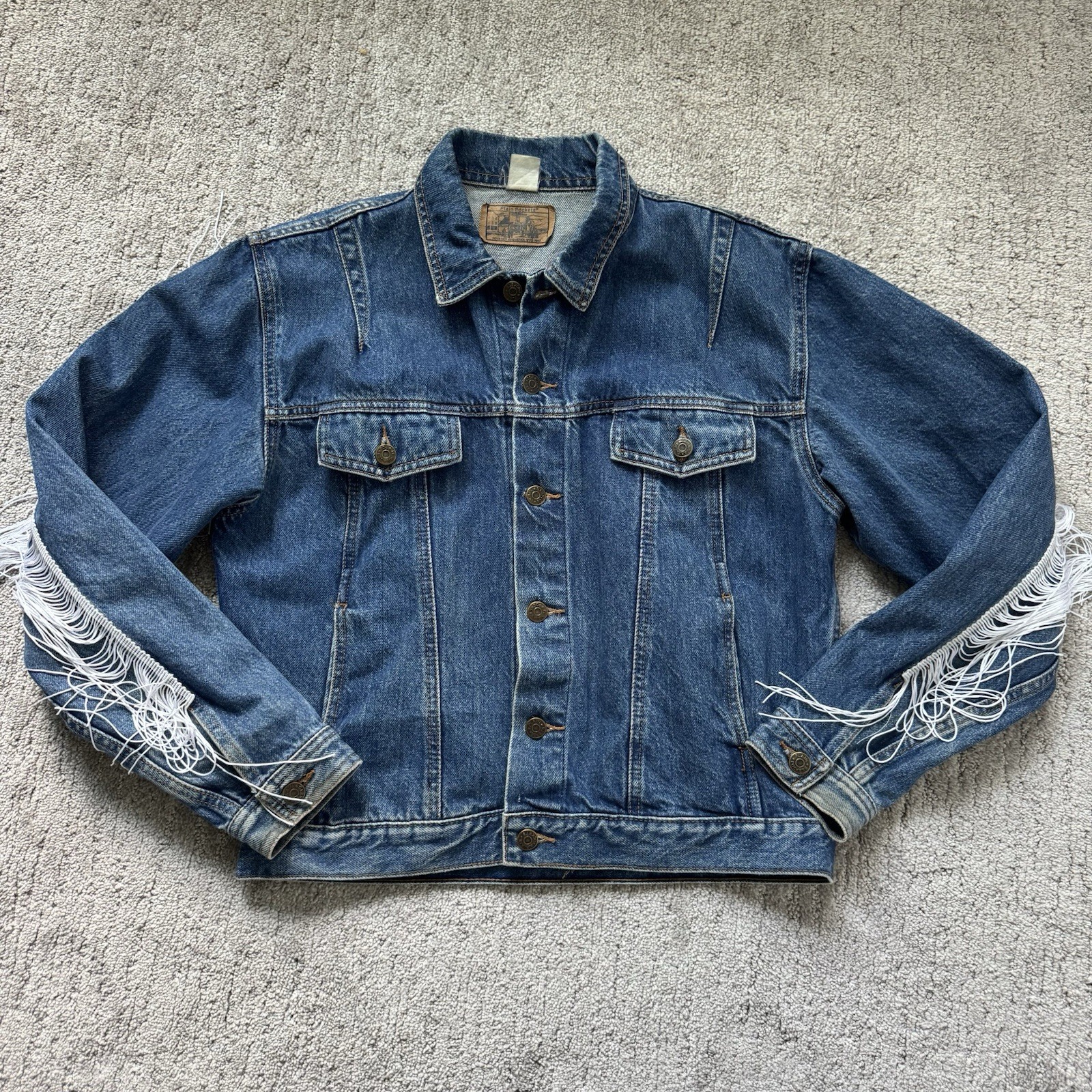 Vintage 80s Denim Jacket With White Fringe by Plain Pockets