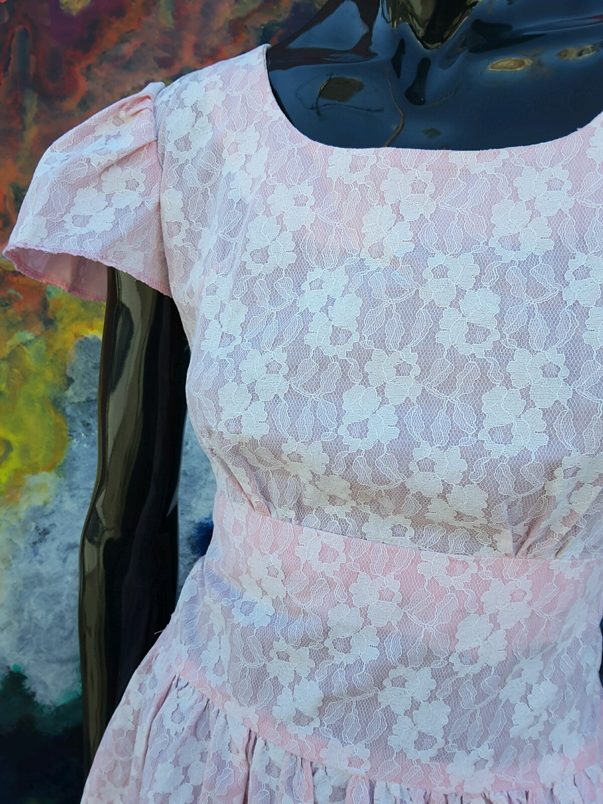 Vintage Pink Lace Dress White Pink COUNTRY BRIDESMAID Waist 26 Inch 32 Bust S