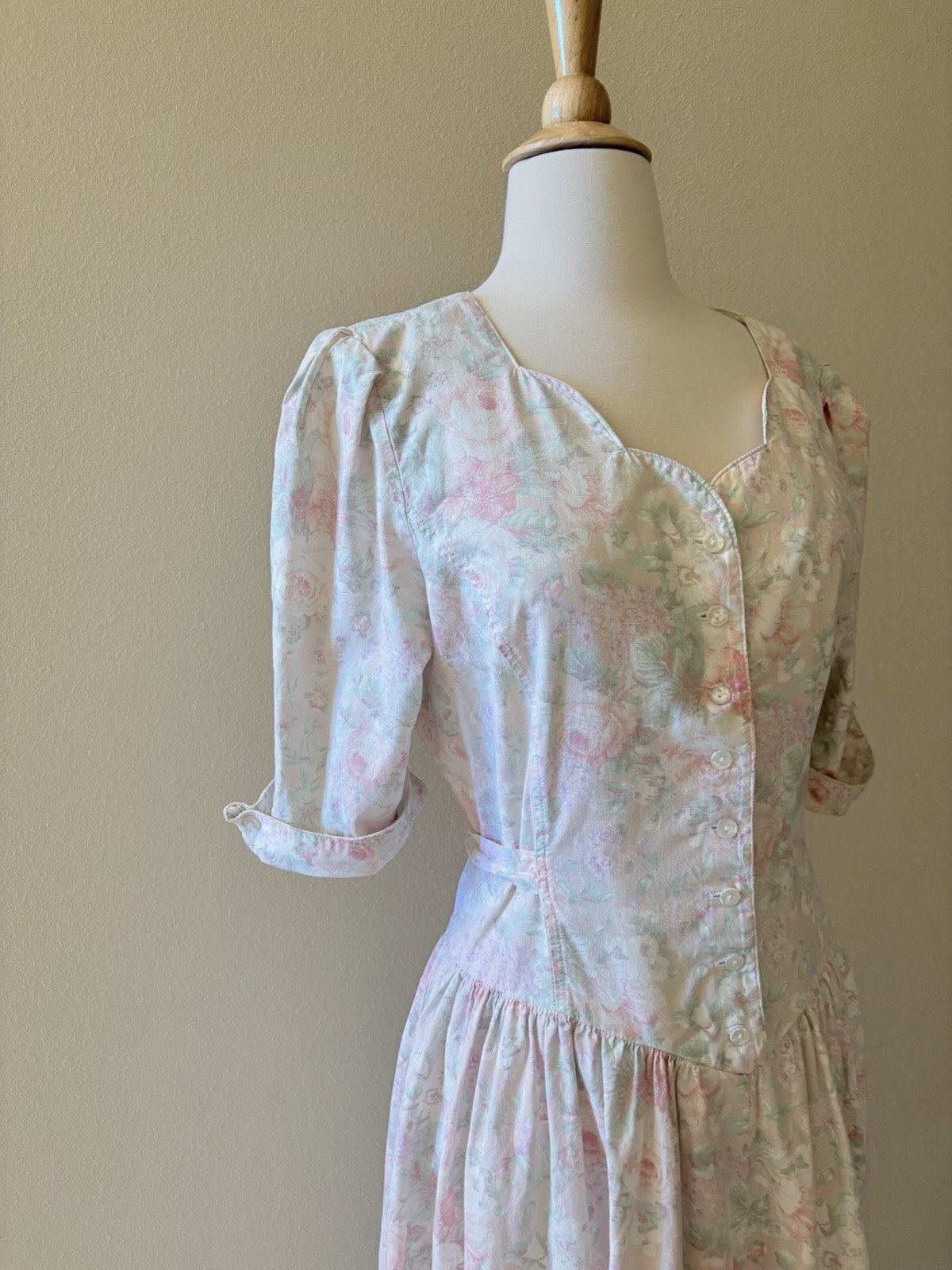 Vintage 80s Midi Dress Pastel Floral Cottagecore Garden Party Tea Dress Size M