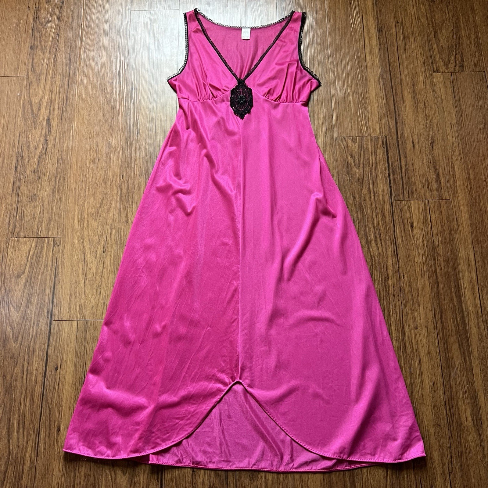 Vtg 80s Maxi Nightgown Large Pink Satin Lingerie Black Lace Trim Sleeveless Gown