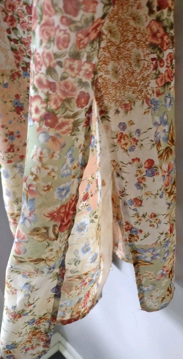Vintage 90s Bonjour Sheer Patchwork Print Vest Blouse Side Slit Buttons See Meas
