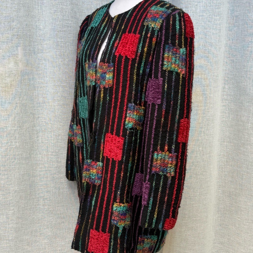 Vintage knitted multicolor patchwork black red green cardigan jacket