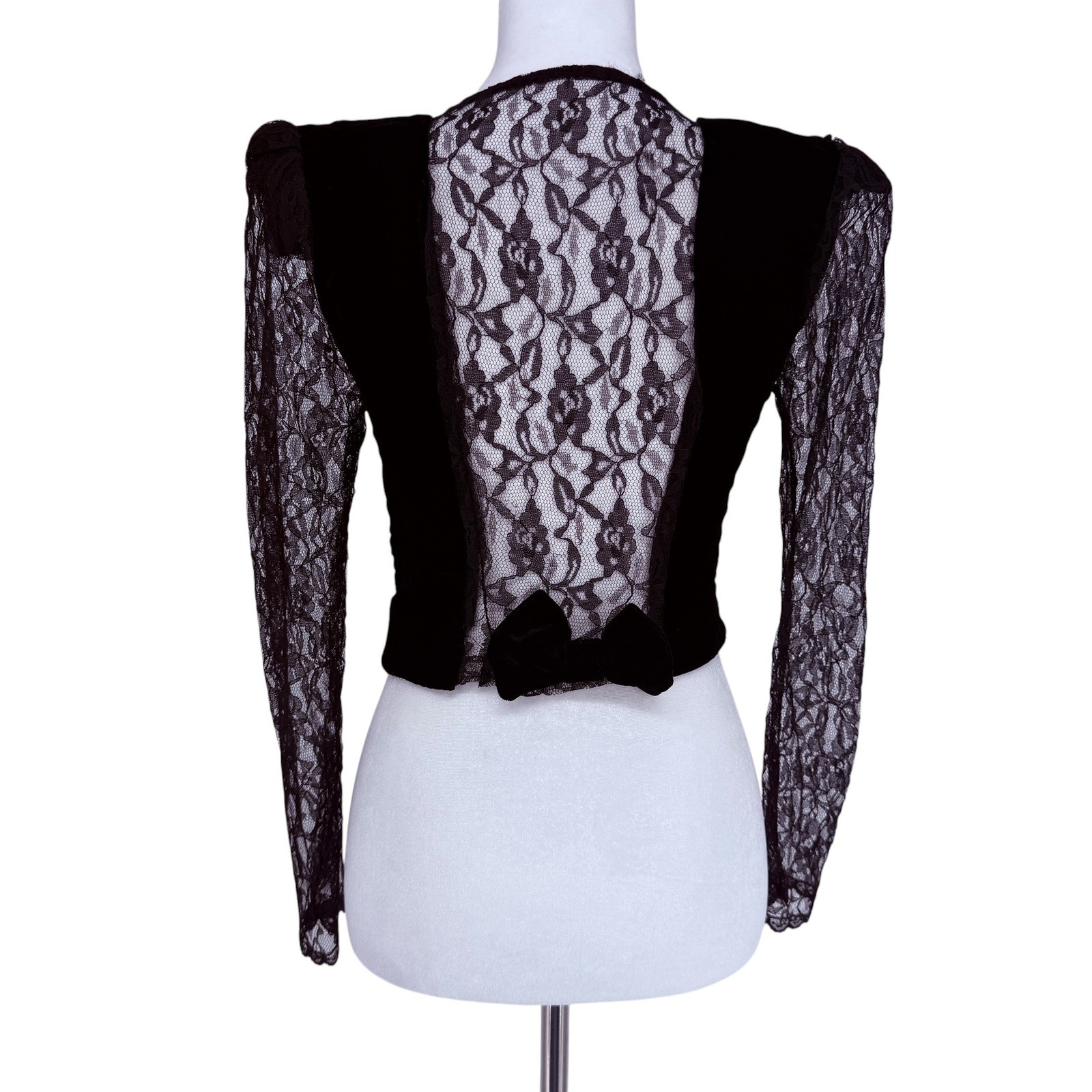 Vintage 80s Black Velvet Lace Long Sleeve Cropped Evening Top Jacket Goth Glam