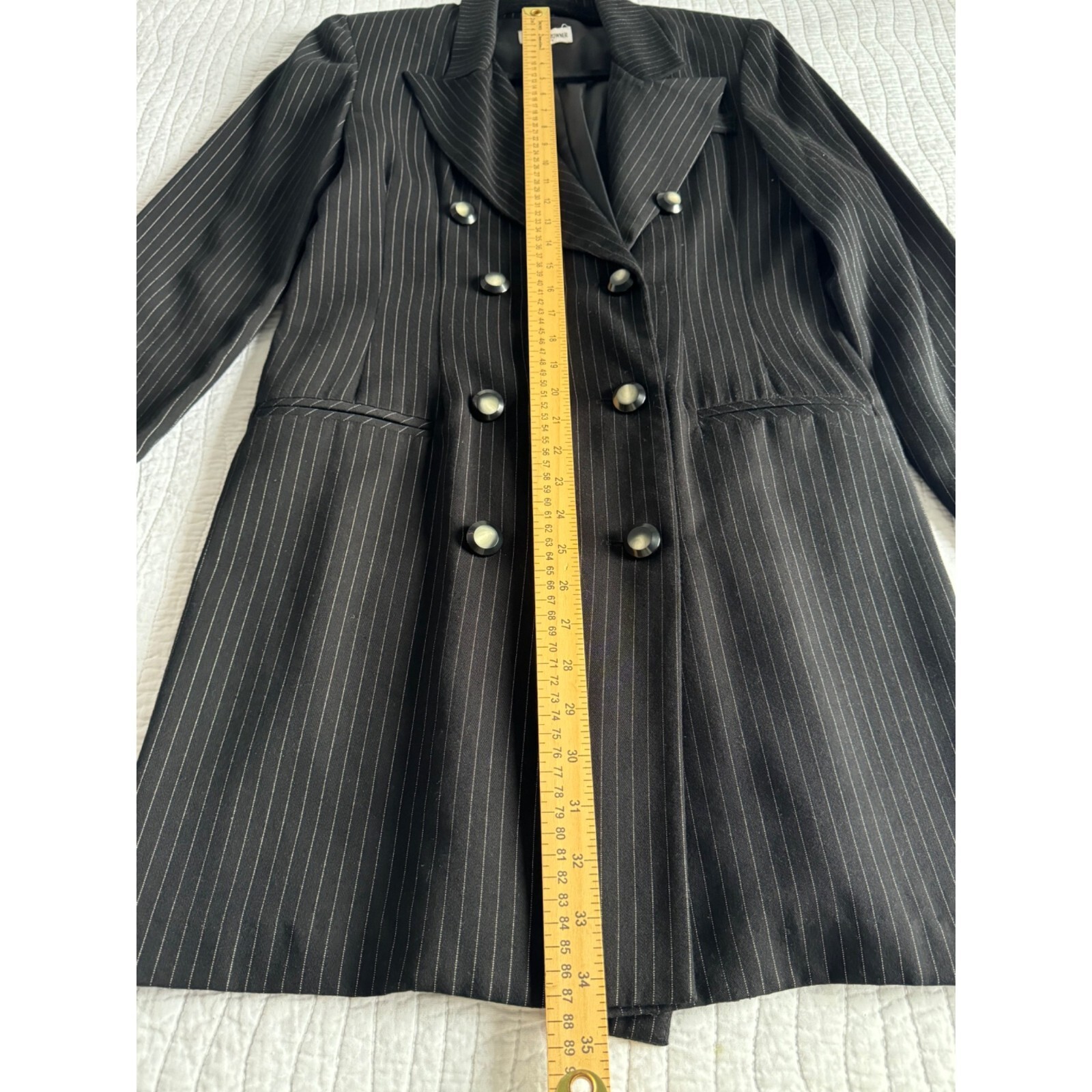 VTG Francine Browner Double Breasted Coat Dress SZ M? Black Pin-Striped 90s