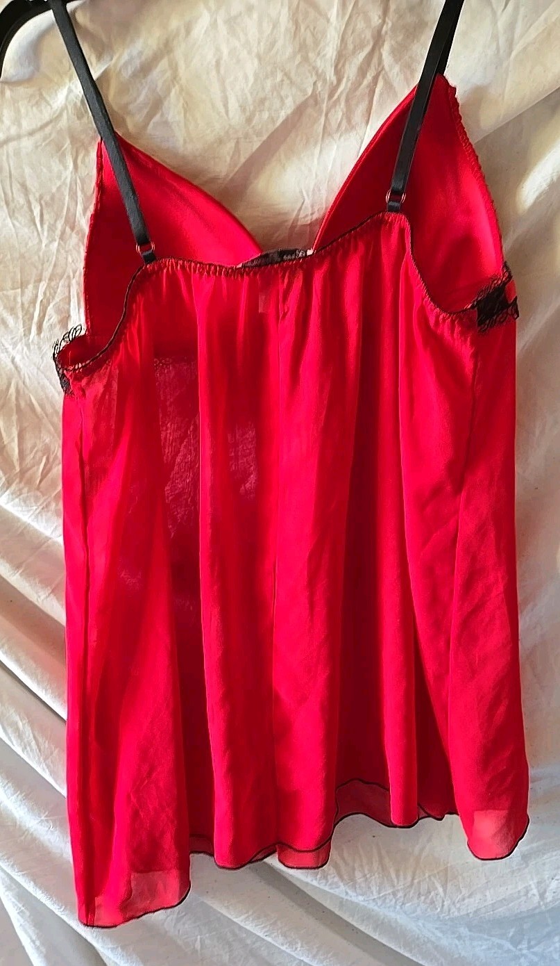 Linea Donatella Chemise Nightie BabyDoll Sheer Tucks Lace Bow Black Red Medium