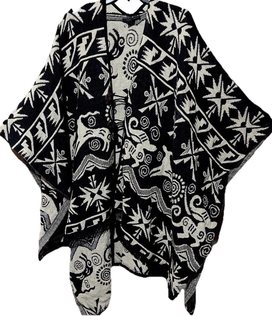 Soho Woven Ethnic Black Elk Animal Print Boho Hippy Cotton Poncho Coachella Cape