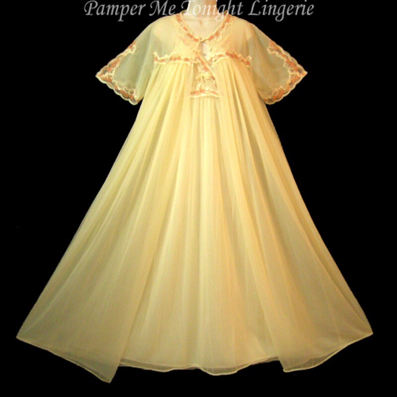 Vintage Lisette Chiffon Yellow Lingerie Dress Nightgown PEIGNOIR Robe SET S