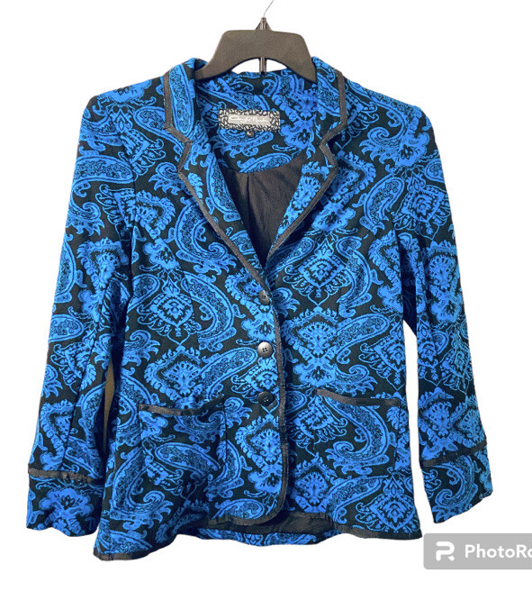 Cheryl Nash Retro Vintage Paisley Blue and Black Notched Collar Blazer Size L.