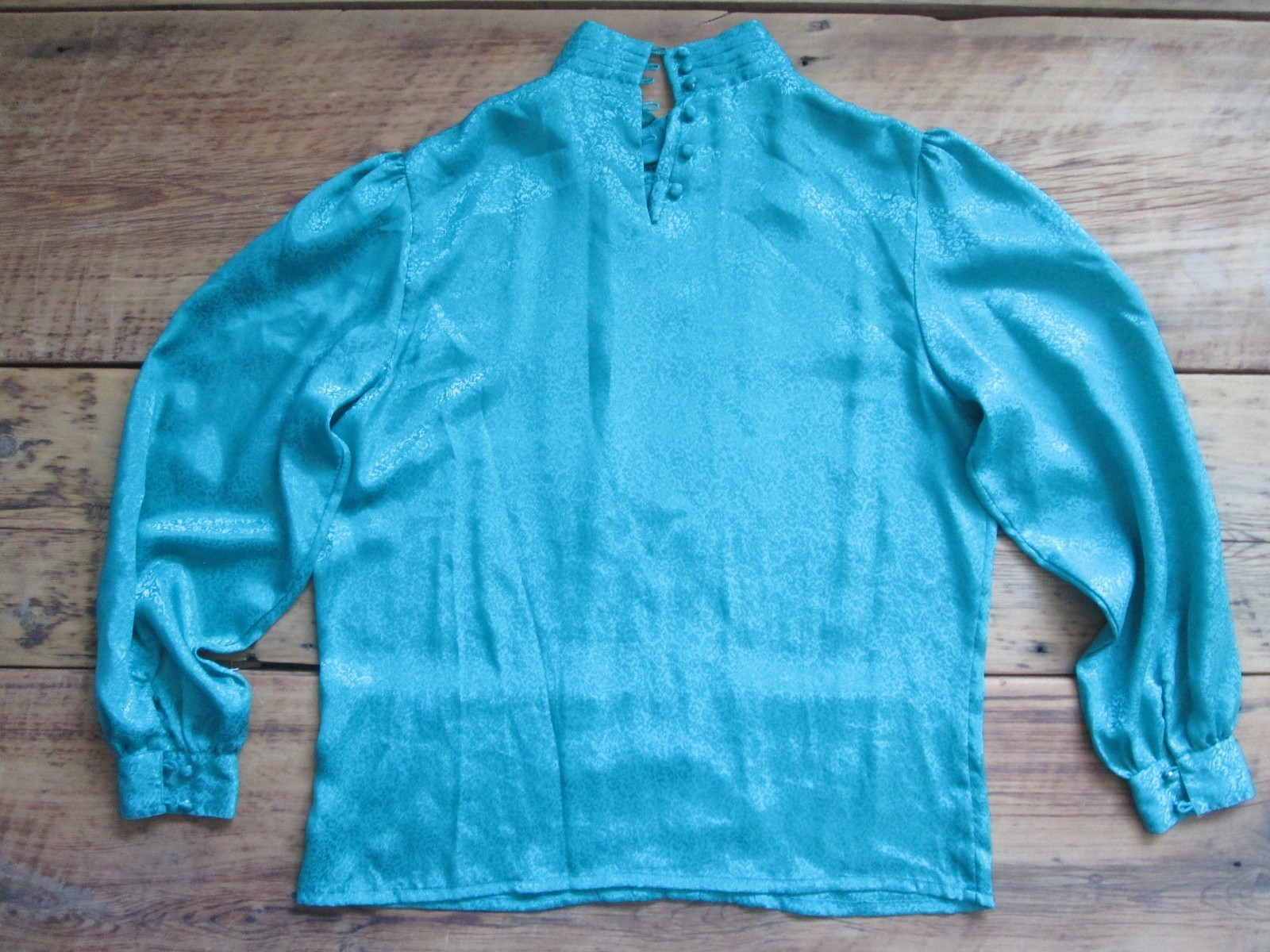 Vintage Christie & Jill Silky Blouse 12 Large Shirt Mandarin Collar Pleat Green