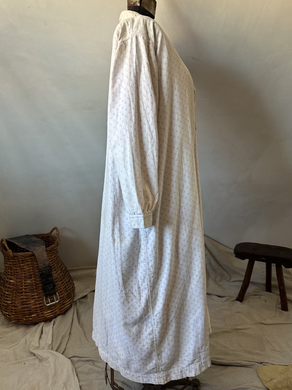 1920s 30s French Pink Flannel Dress Floral Pullover Nightgown Fade Repairs Worn