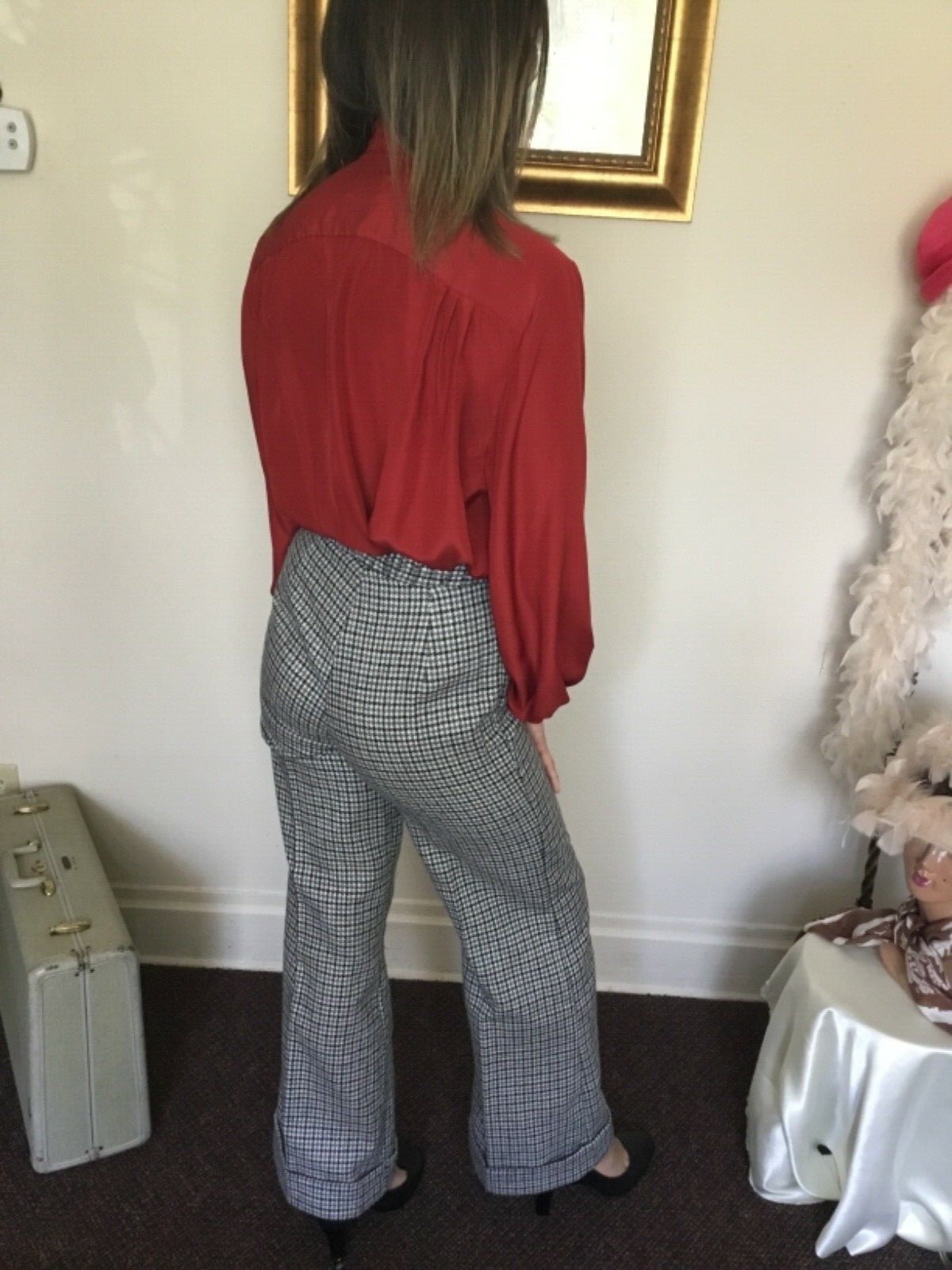 60’s Vintage Ivory Hi Rise Black Gray Hound’s-tooth Bell Bottom Pants