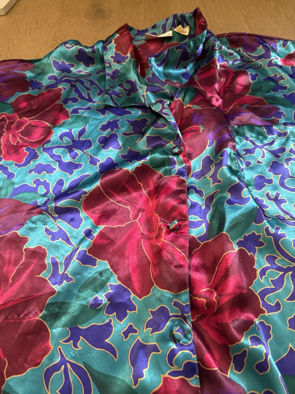 Vintage Intimate Pleasures Floral Satin Robe Lounge 22/24 Teal Pink Button Up