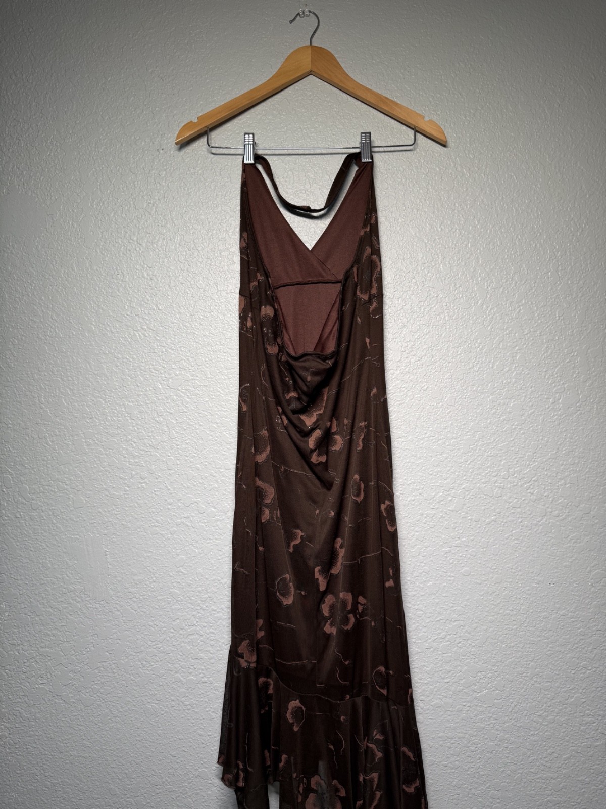 vintage 90s sparkle brown dress ruffle asymmetrical halter flow formal festival