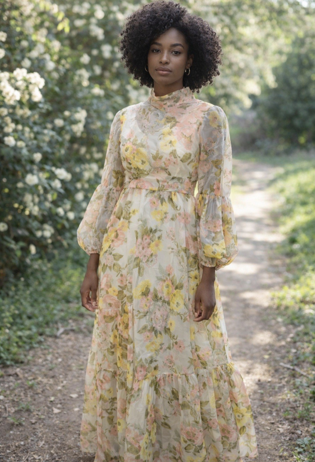 Vintage Sheer Floral Prairie Maxi Dress Romantic Cottagecore Boho Long Sleeve M