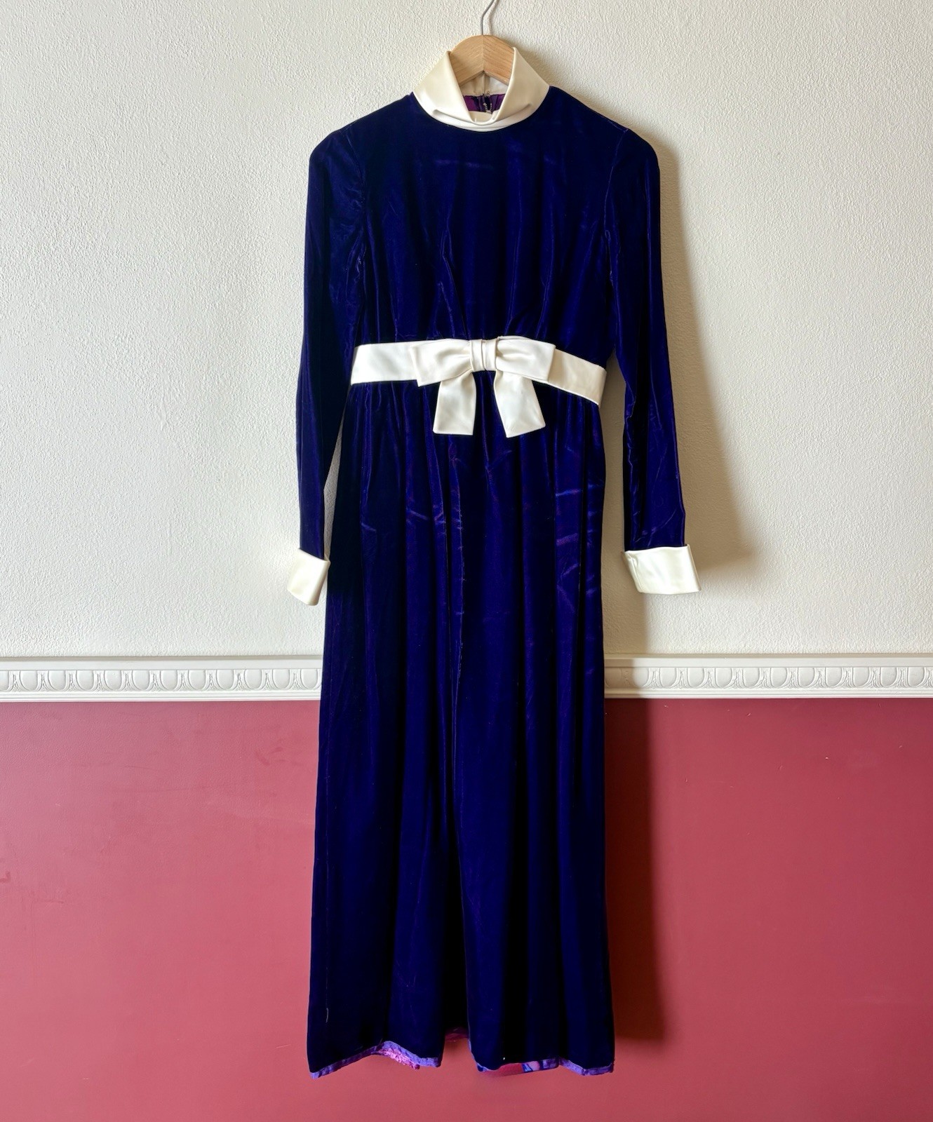 Vintage Velvet Dress Purple Cream Maxi Long Sleeve Womens S Whimsygoth Fairy