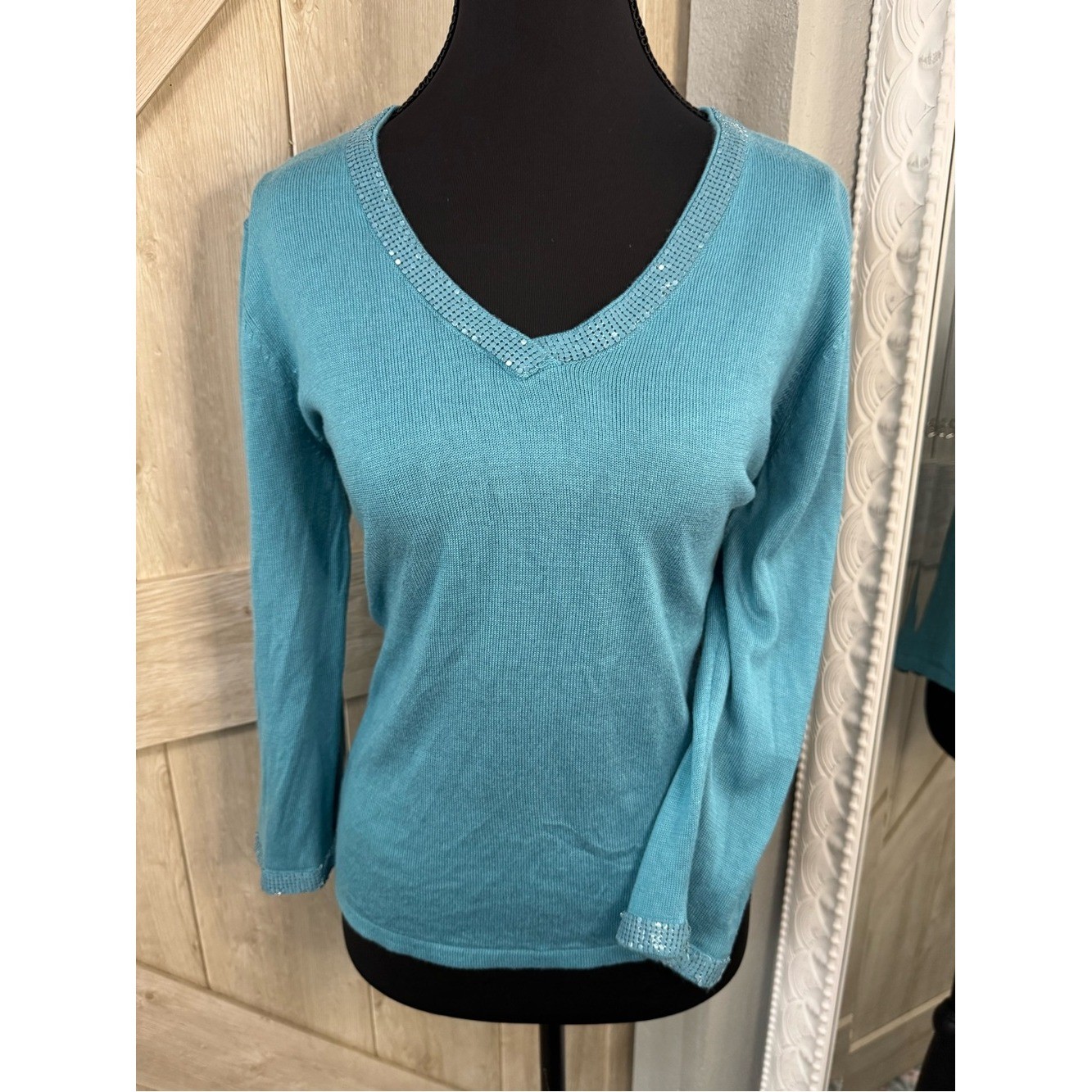 VTG Requirements Teal Blue 3/4 Sleeve Sequin Knit Sweater – Medium