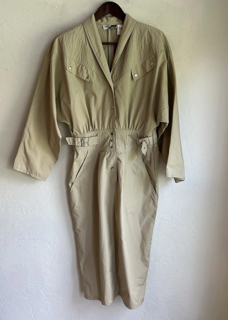 Vintage 80s Khaki Trench Midi Shirt Dress 10 Equestrian Old Money Minimalist