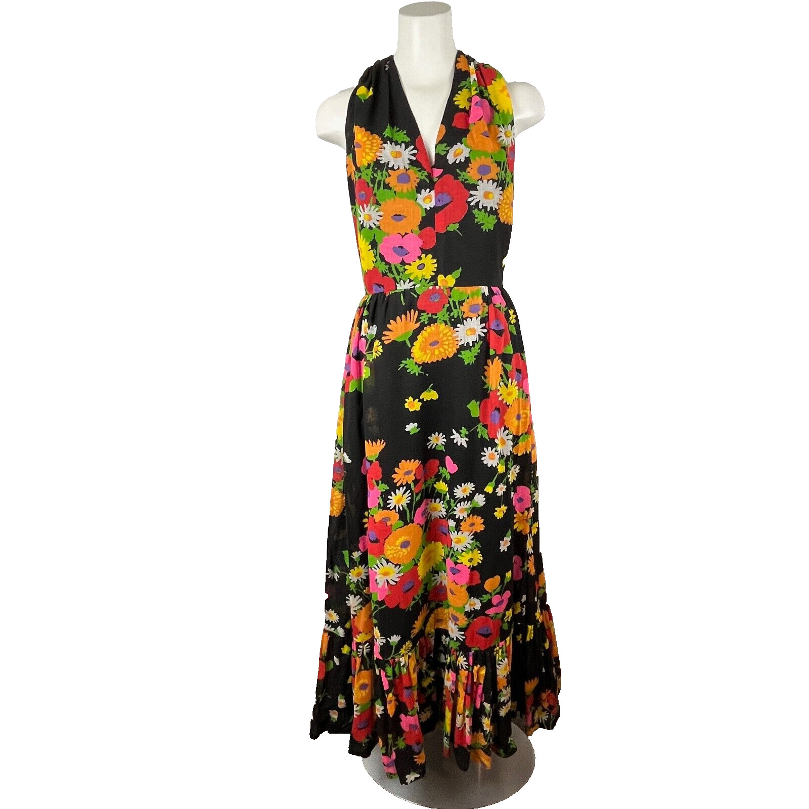 Vintage 70s Lilli Diamond Halter Dress Maxi Floral Print Bohemian Glam Sz Small