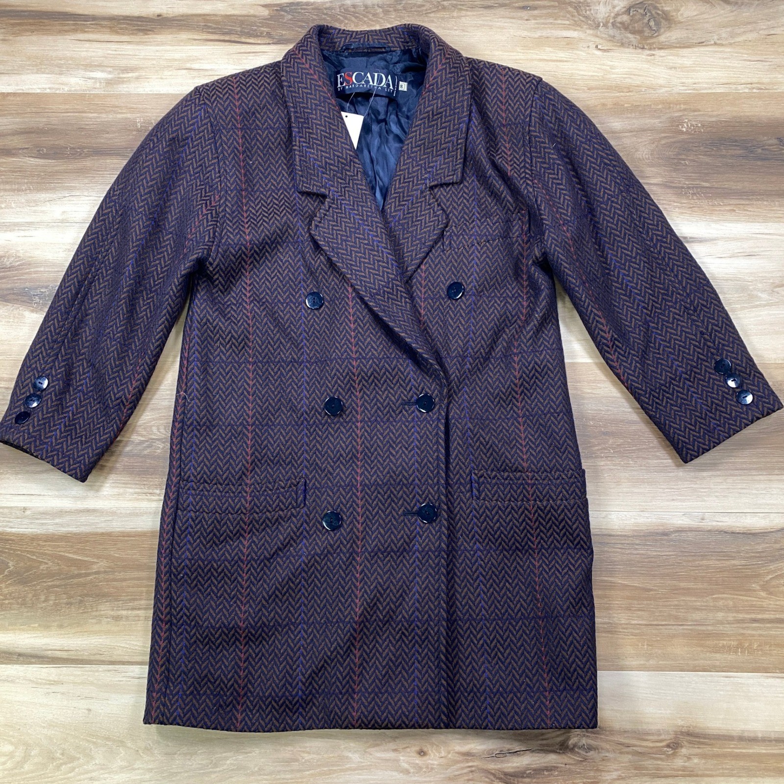 80s Escada Margaretha Ley West Germany Herringbone Wool Double Breast Blazer 36