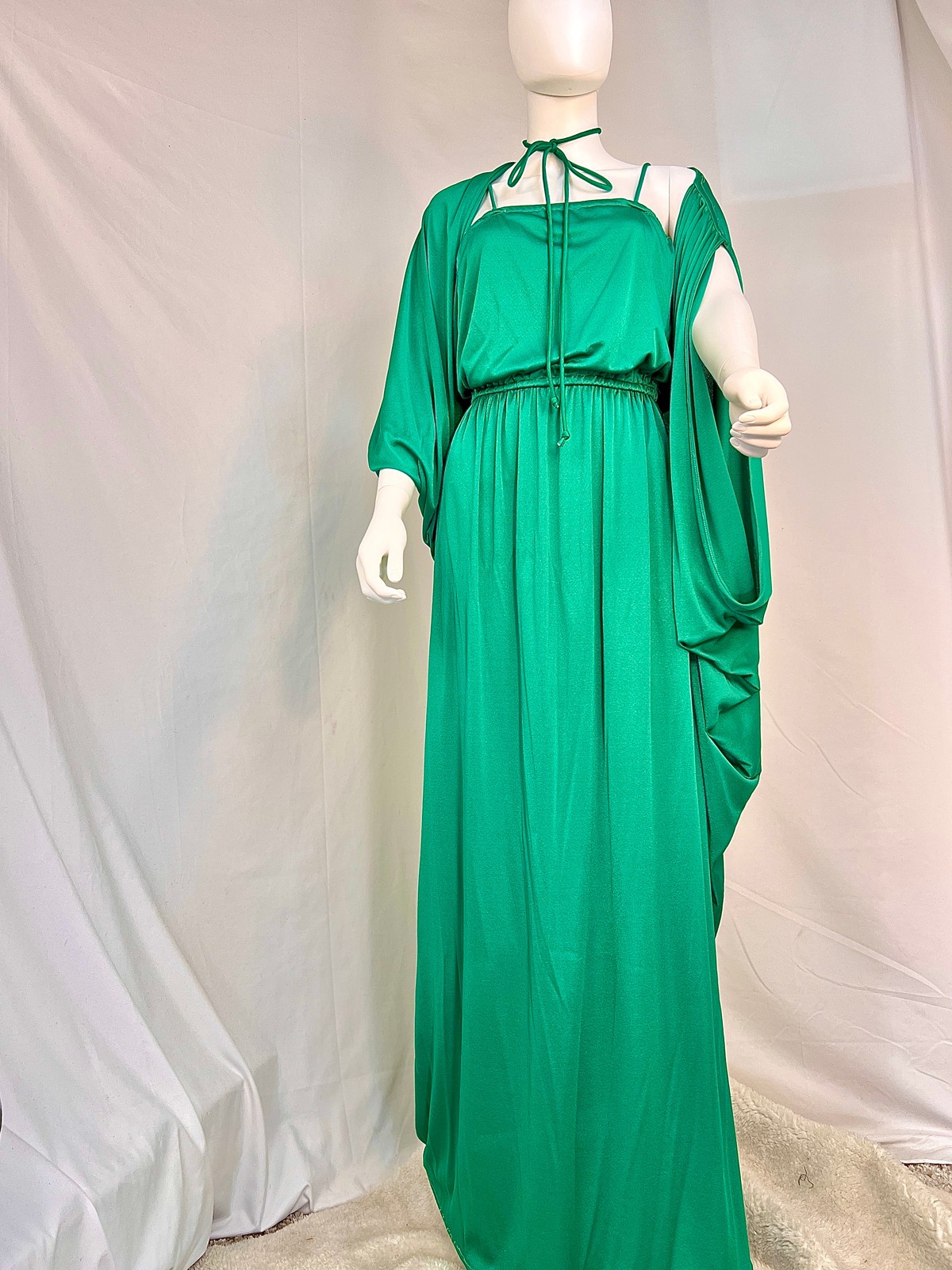 1970s Kelly Green Disco Dress and Wrap Set, M
