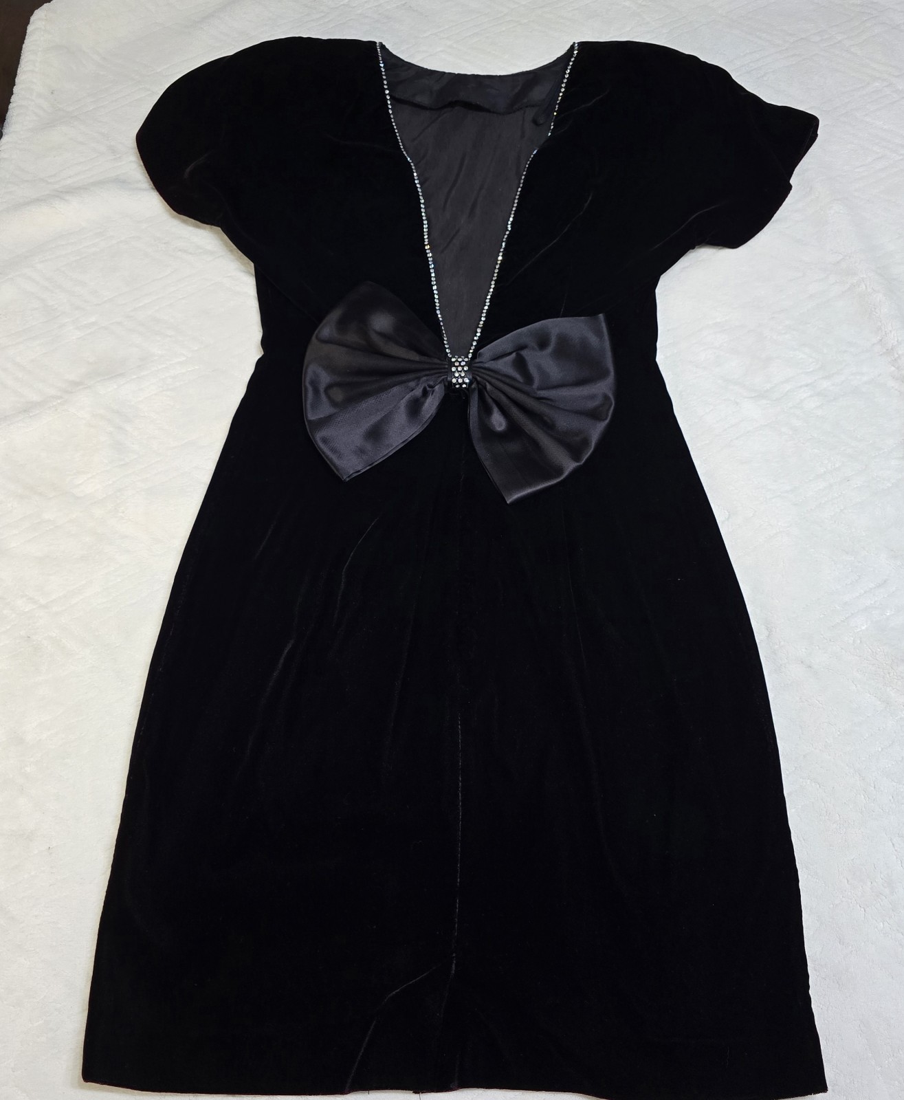 Datiani Black Burgundy Velvet Dress 6 Open Back Satin Bow Rhinestone Goth Glam