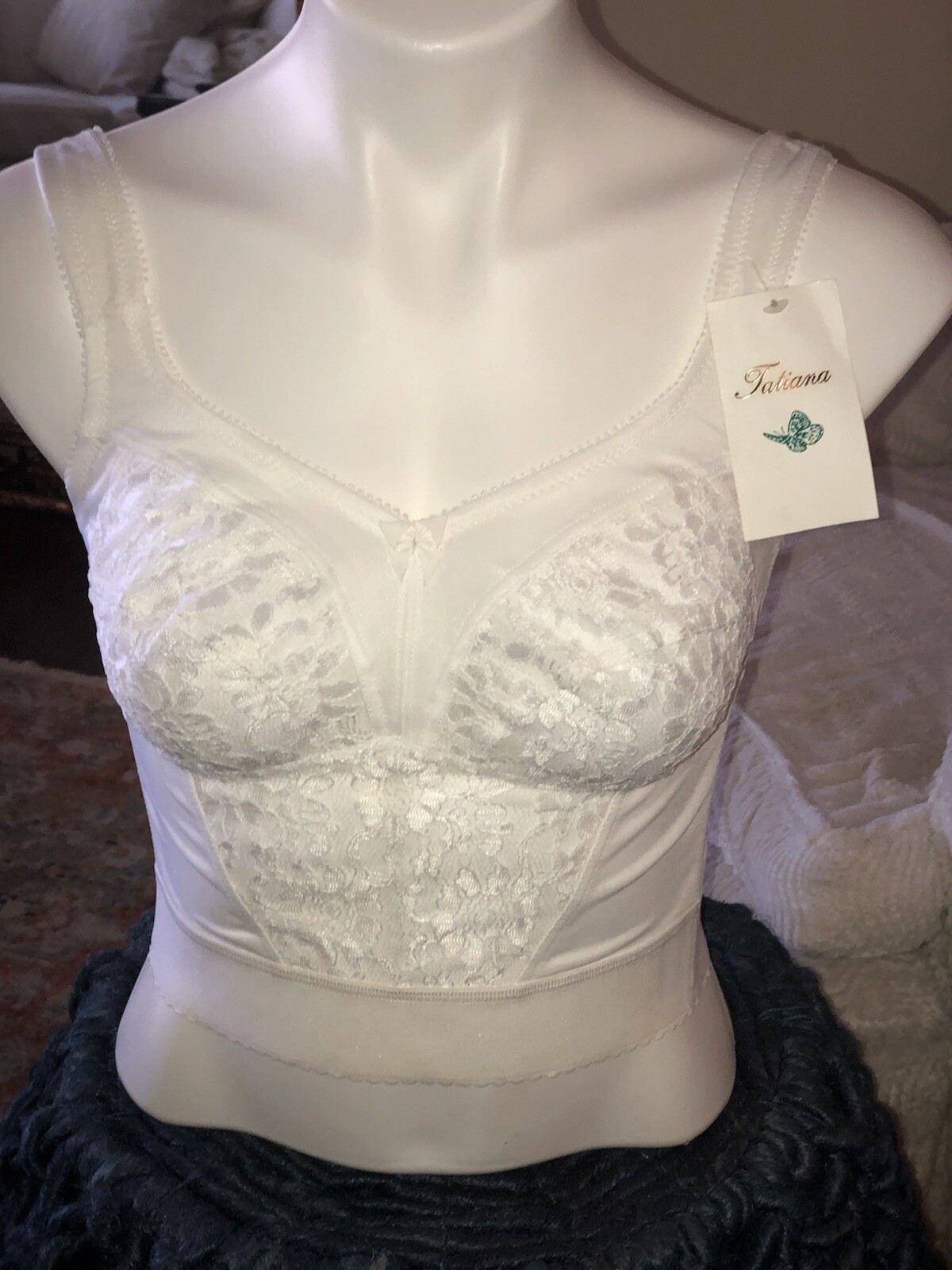 LONG LINE BRA VINTAGE LINGERIE 36 F STRETCH BRA Pin Up White New With Tags