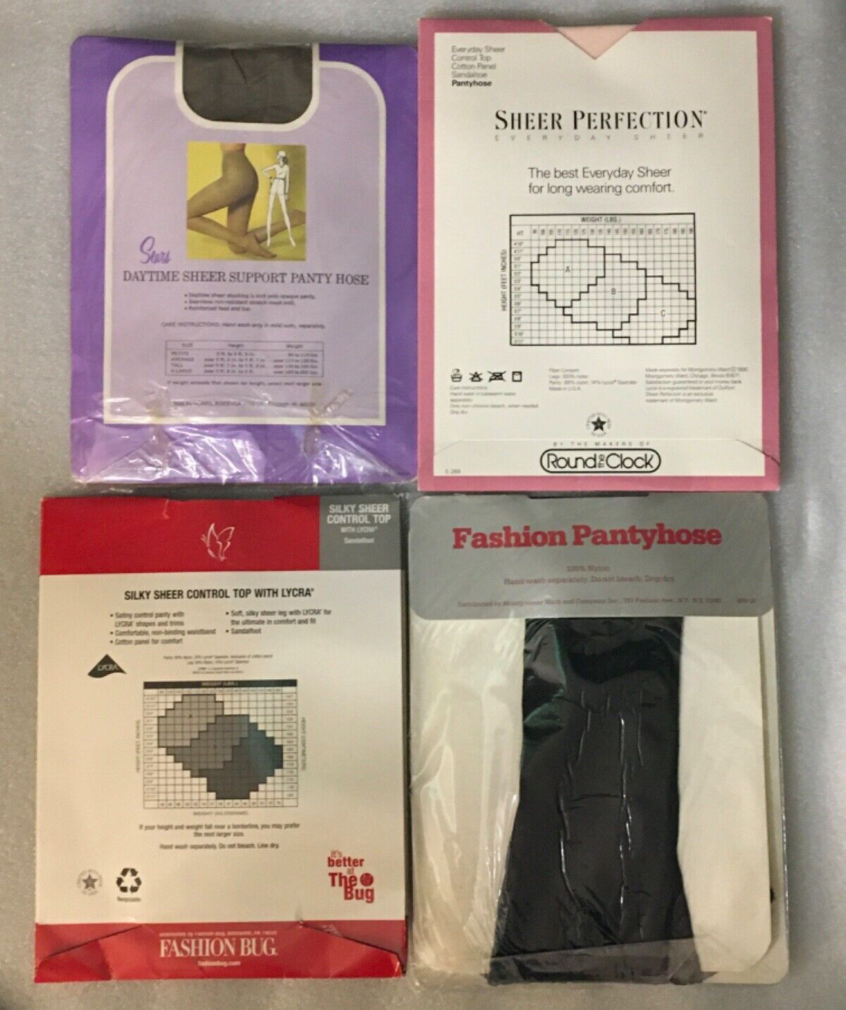 (4)NOS Pantyhose Round Clock Fashion Bug Sears Control Top Pink Black TALL