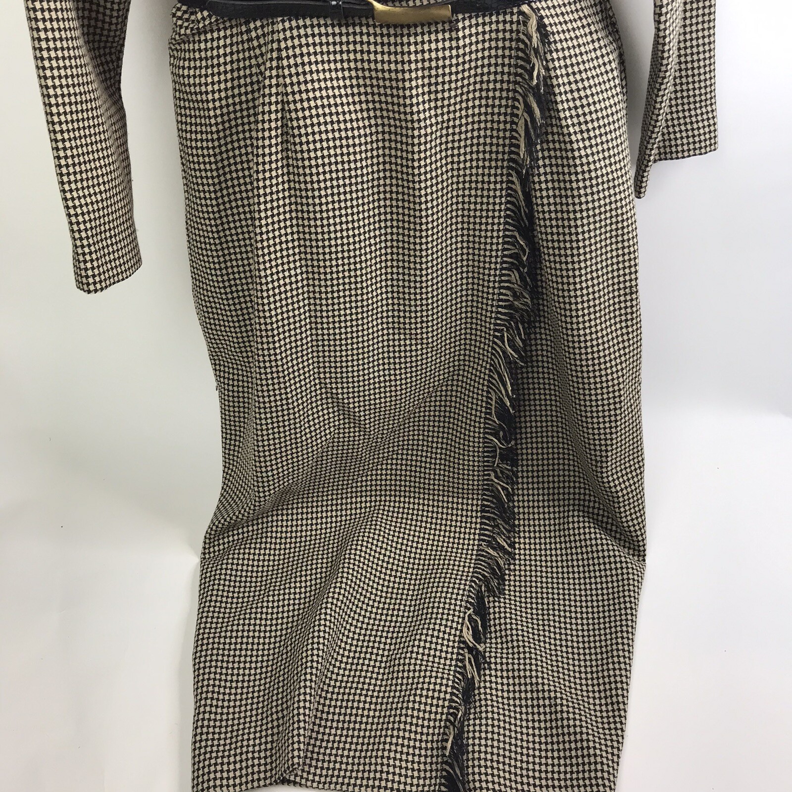 Vintage Dress EXPO Mod 10 MCM Plaid Houndstooth Checked Wrap fringe belted