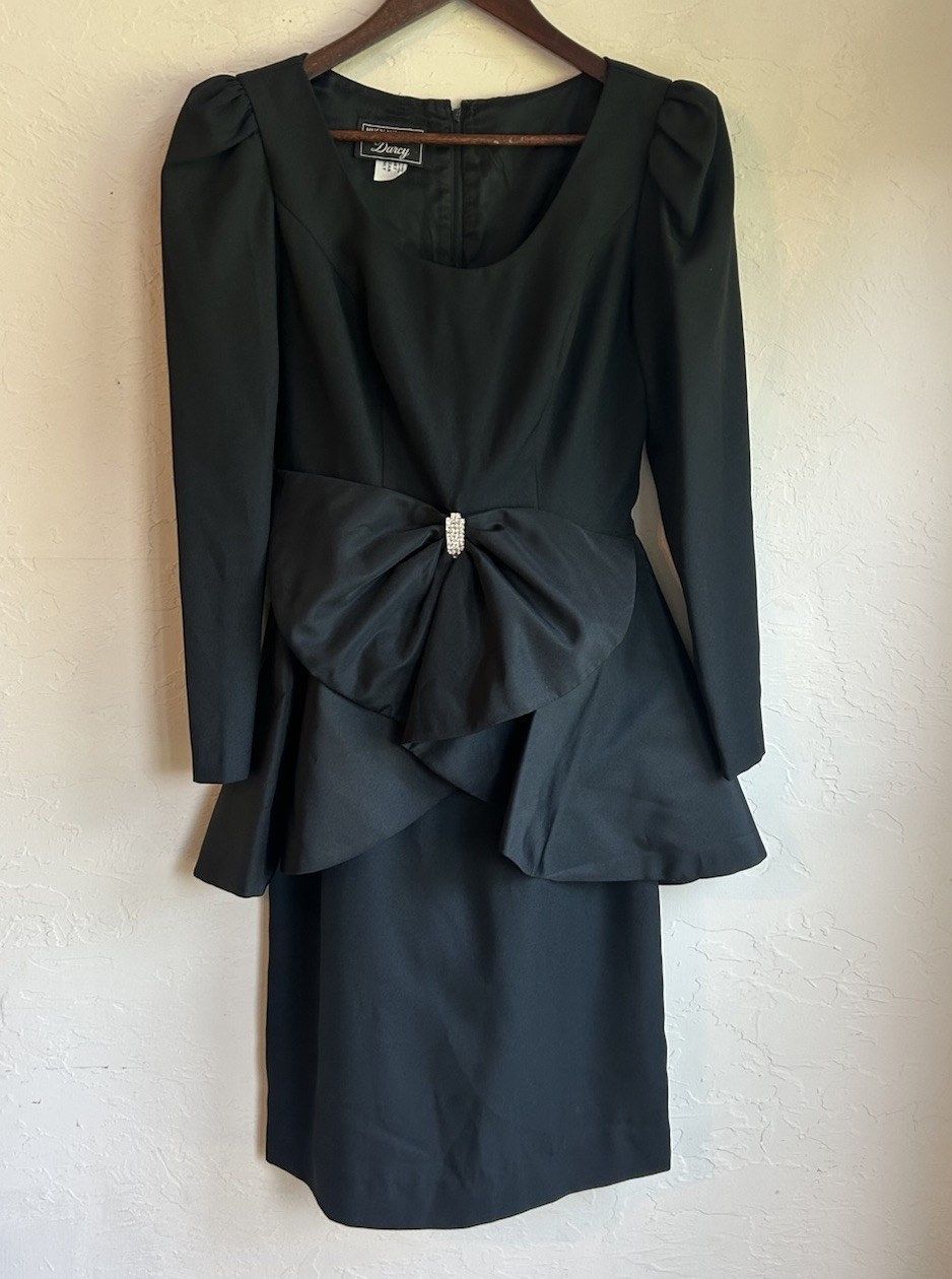 Vintage 80s Huey Waltzer For Darcy Black Peplum Bow Midi Dress 6 Party Glam