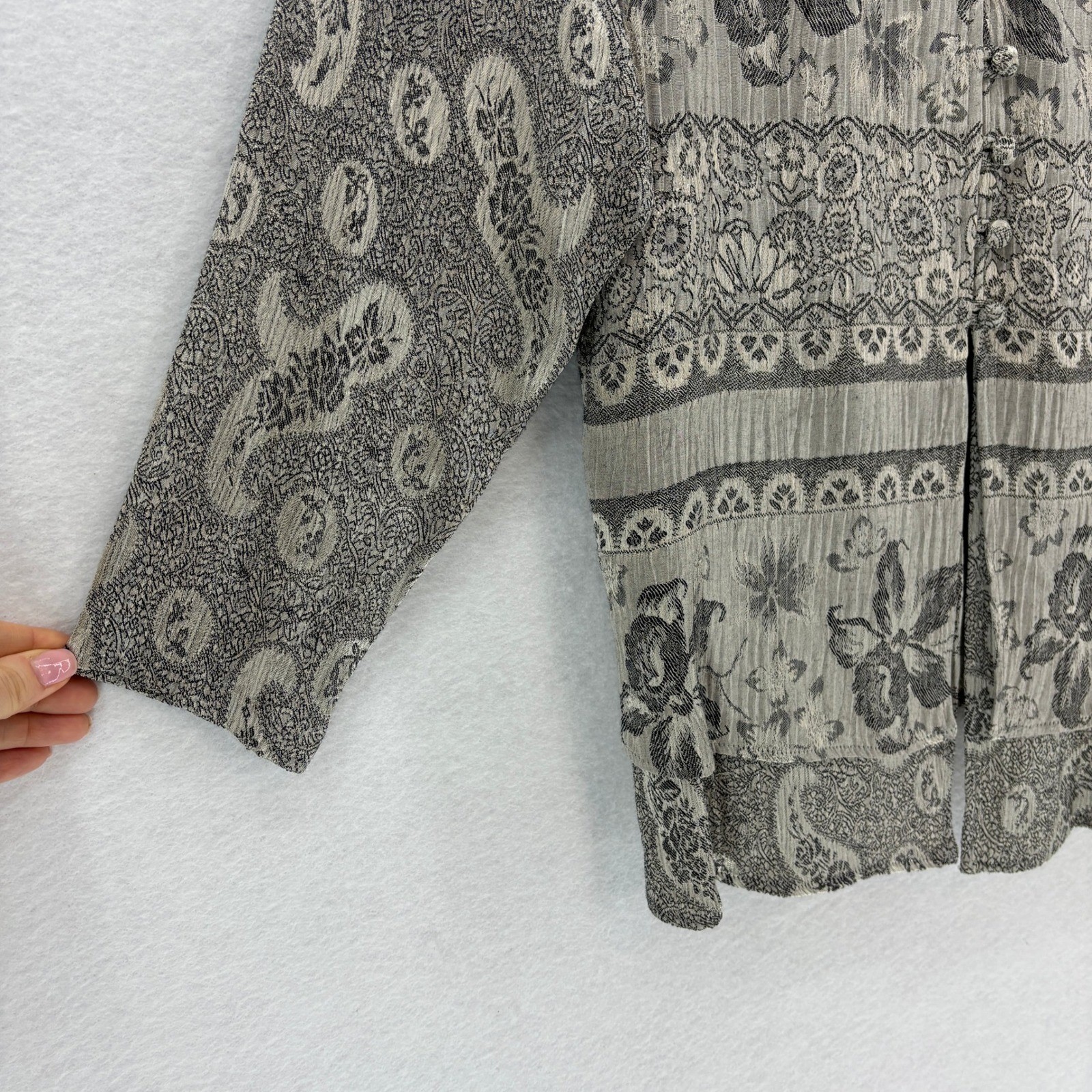 Vintage 90s Carole Little Pant Set Womens 8 Grey Jacquard Floral Two Piece Boho