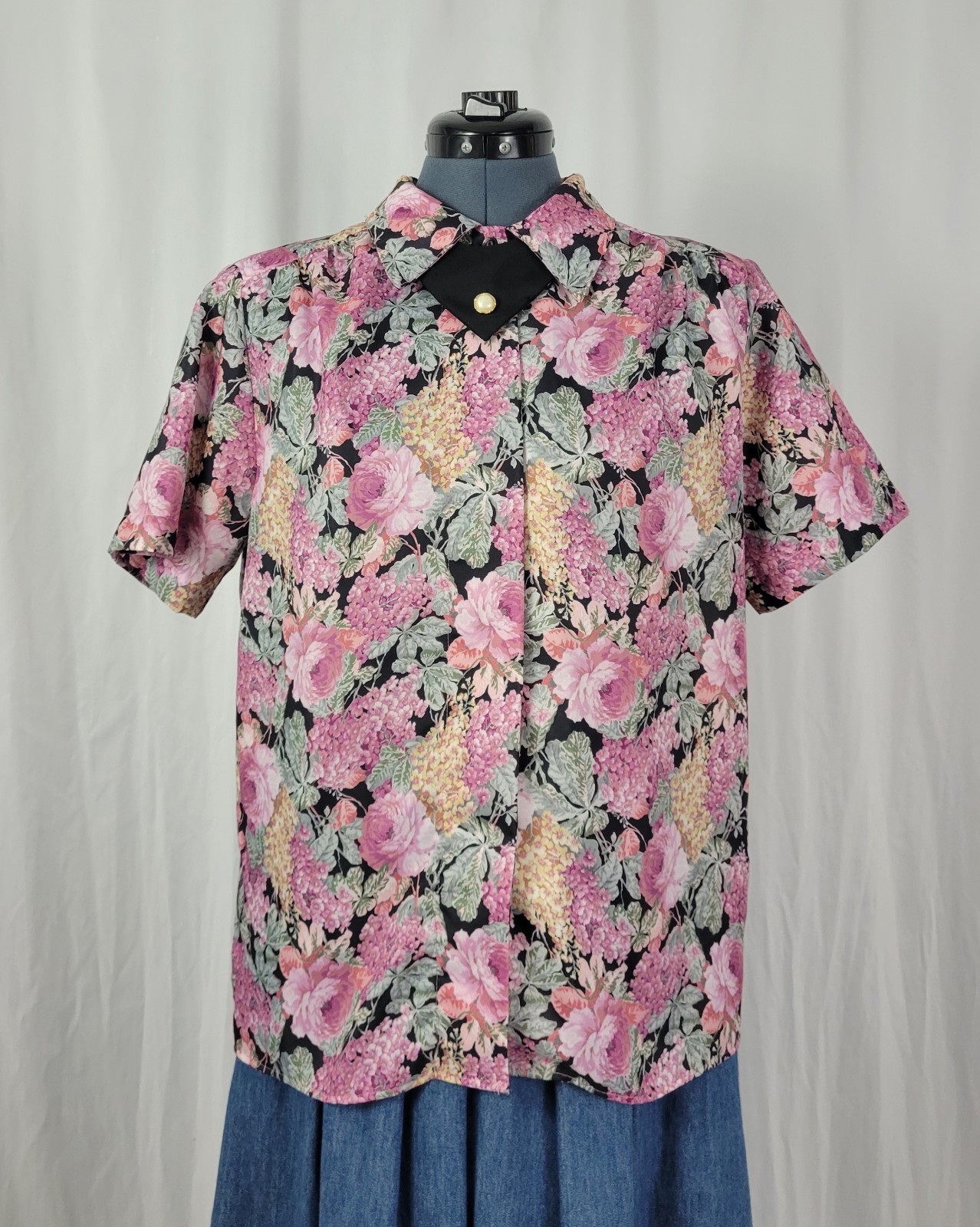Vintage Copy Cats Black & Pink Floral S/S Blouse w Accent Collar Size 12