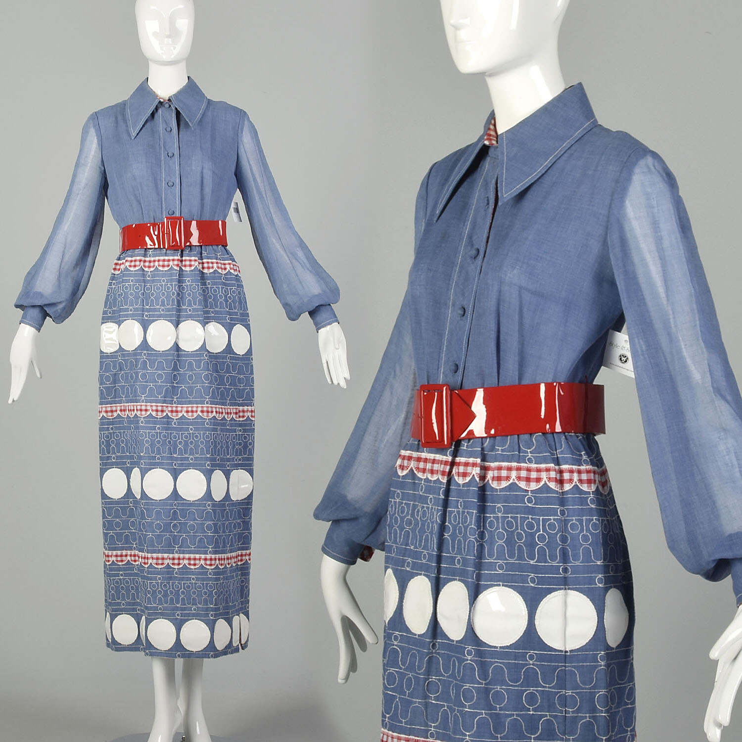 Small 1970s Estelle Albus Chambray Maxi Dress with Vinyl Polka Dots VTG 70s