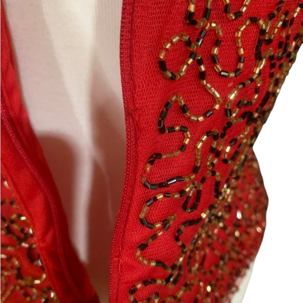 Vntg 90’s Marina red, gold and black beaded high neck short sleeved top sz small