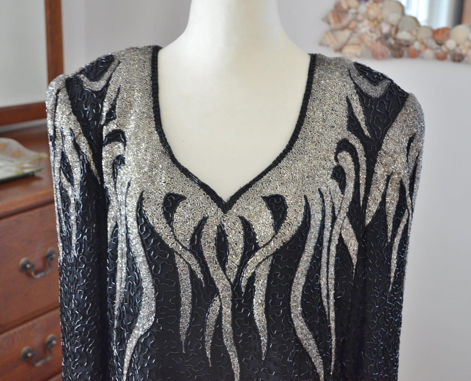 Vintage 80s 100% Silk Black & Silver Heavily Beaded Evening Top! 1X Plus Size