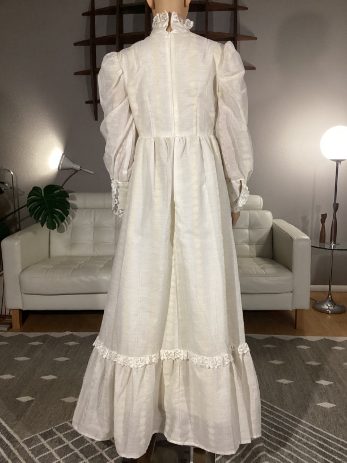 Vintage 60s 70s Prairie Maxi Dress Lace Hippie Boho Victorian Flocked Flowers