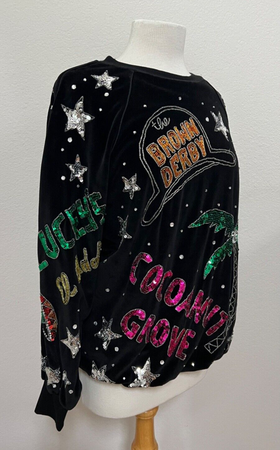 BONNIE BOERER BROWN DERBY COCOANUT GROVE WOMENS BLACK VELVET SEQUINS SWEATER S
