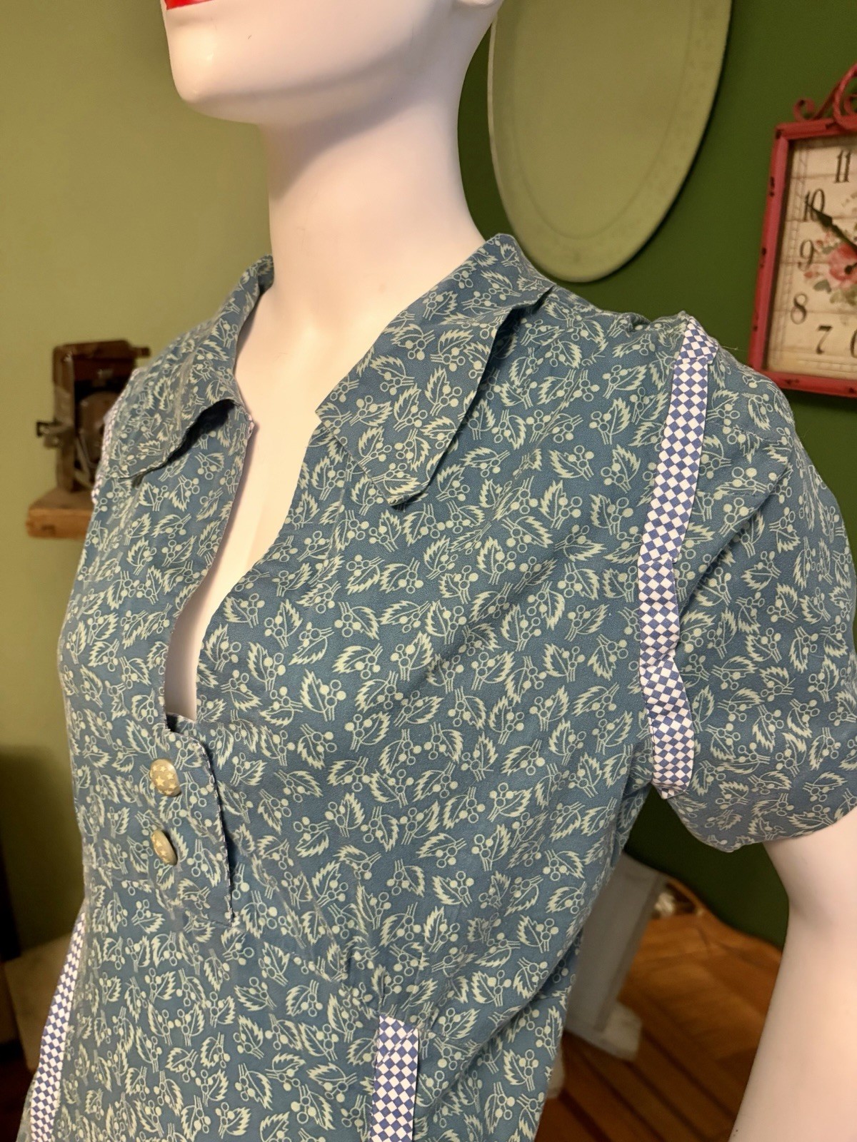 Vtg 1940s 1950s Cotton House Day Dress Check & Floral Print L XL Rockabilly