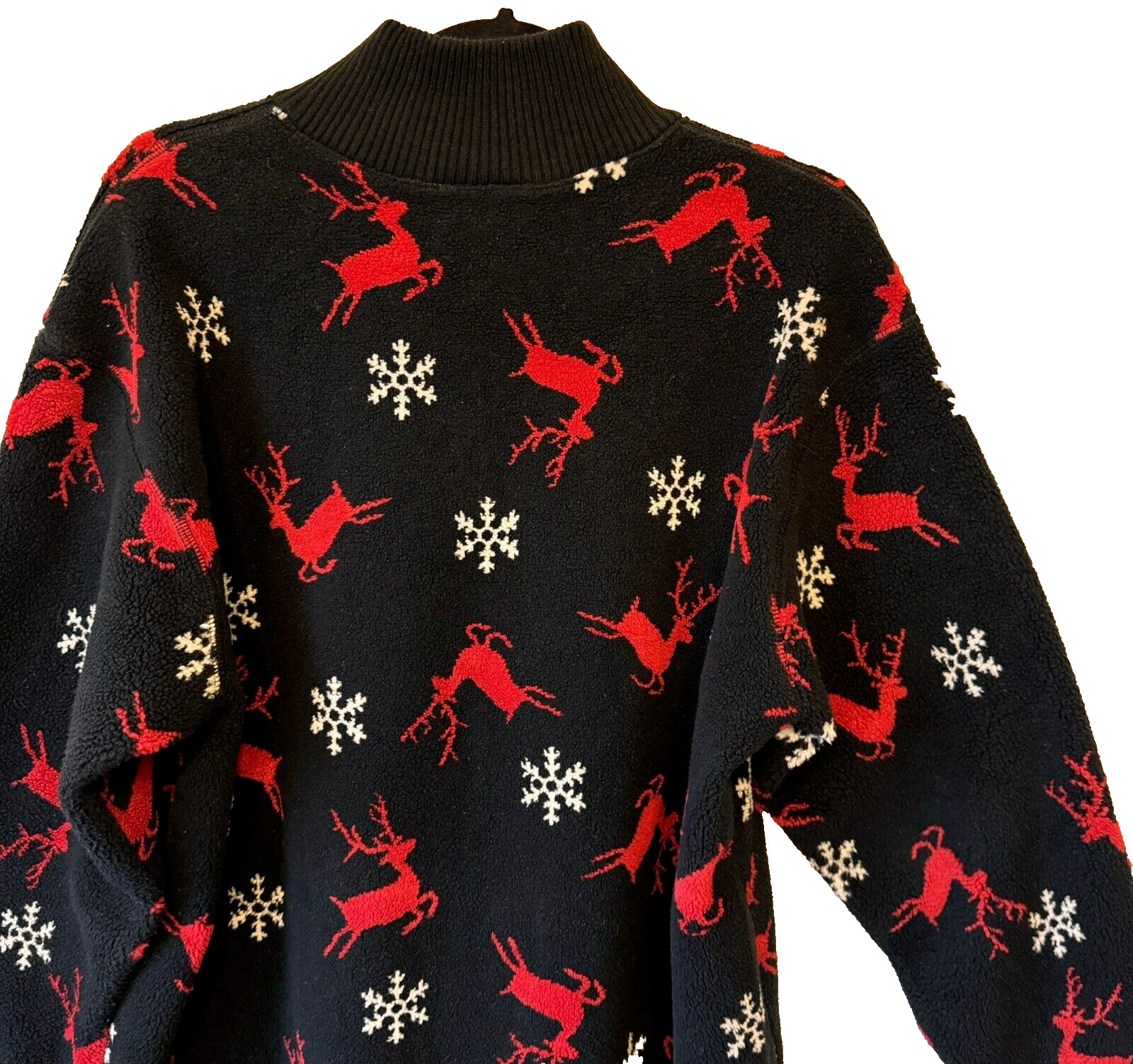 Talbots Fleece Top Medium 1/4 Zip Snowflakes Reindeer Warm Cozy Soft