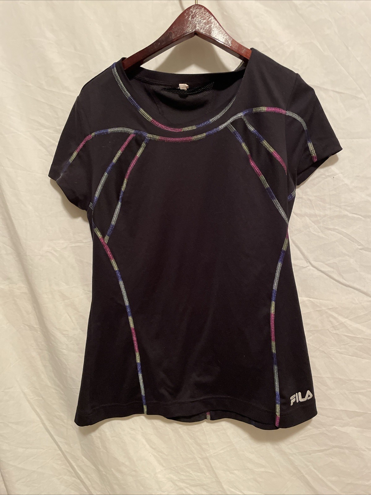 FILA Performance Women’s Vintage Mesh Back Workout Shirt Neon Color Stitch Sz S