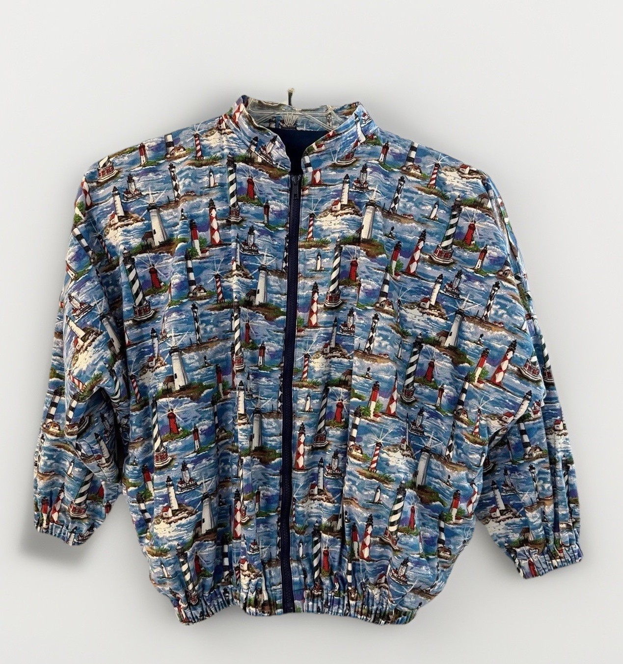 Vintage Lighthouse Coastal 70-80’s Cottage Bomber jacket Women XL Grandma Whimsy
