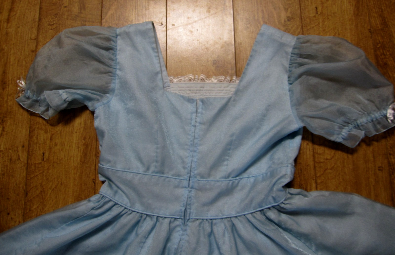Vtg SQUARE DANCE PRAIRIE DRESS Blue Organza Ruffles Rows of White Lace Sz 12/14