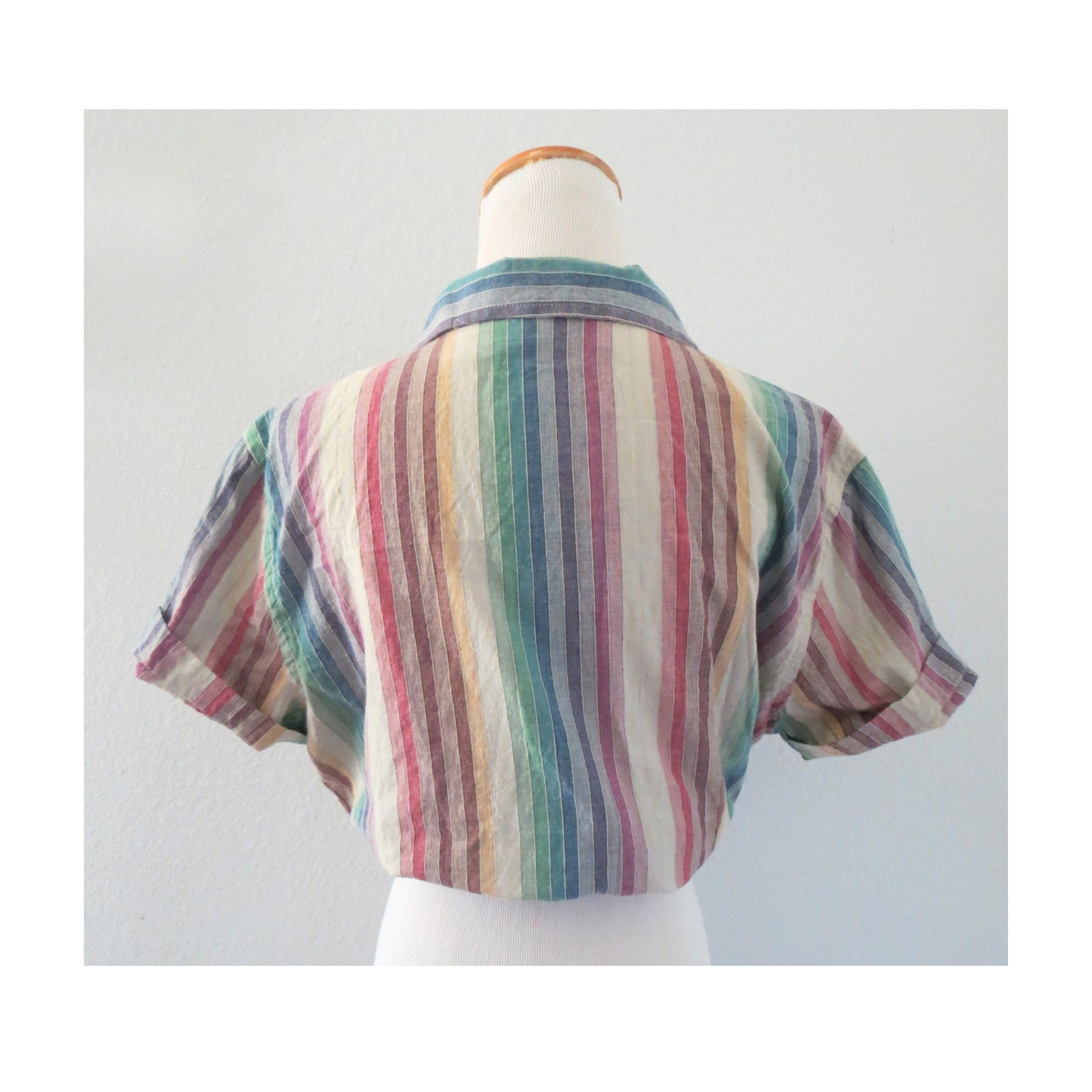 Vintage Rainbow Striped Blouse – Cotton Short Sleeve 90s Y2K Top – Large