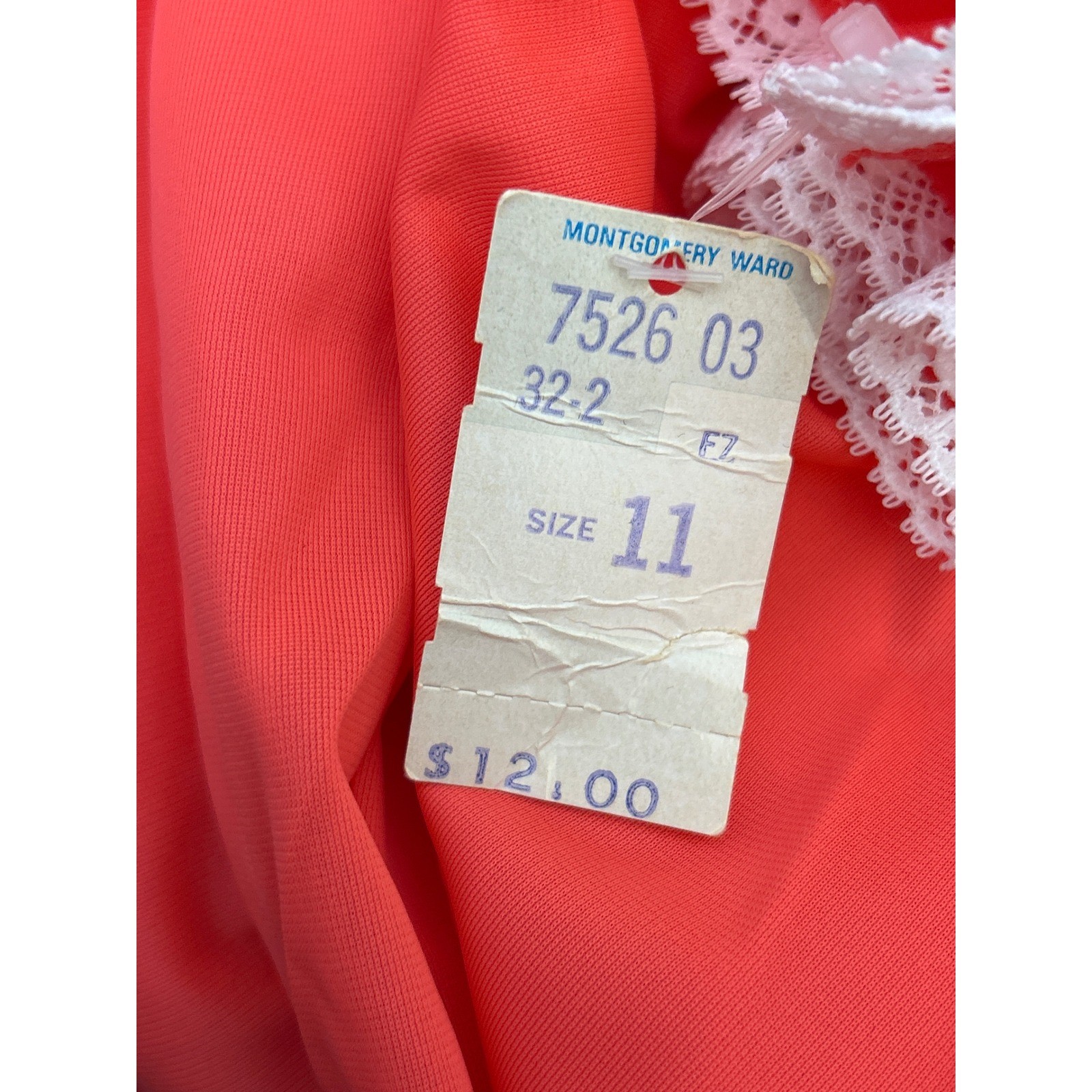 NWT Vintage Montgomery Ward Coral Hostess Gown Maxi Nightgown Lace Trim Peignoir