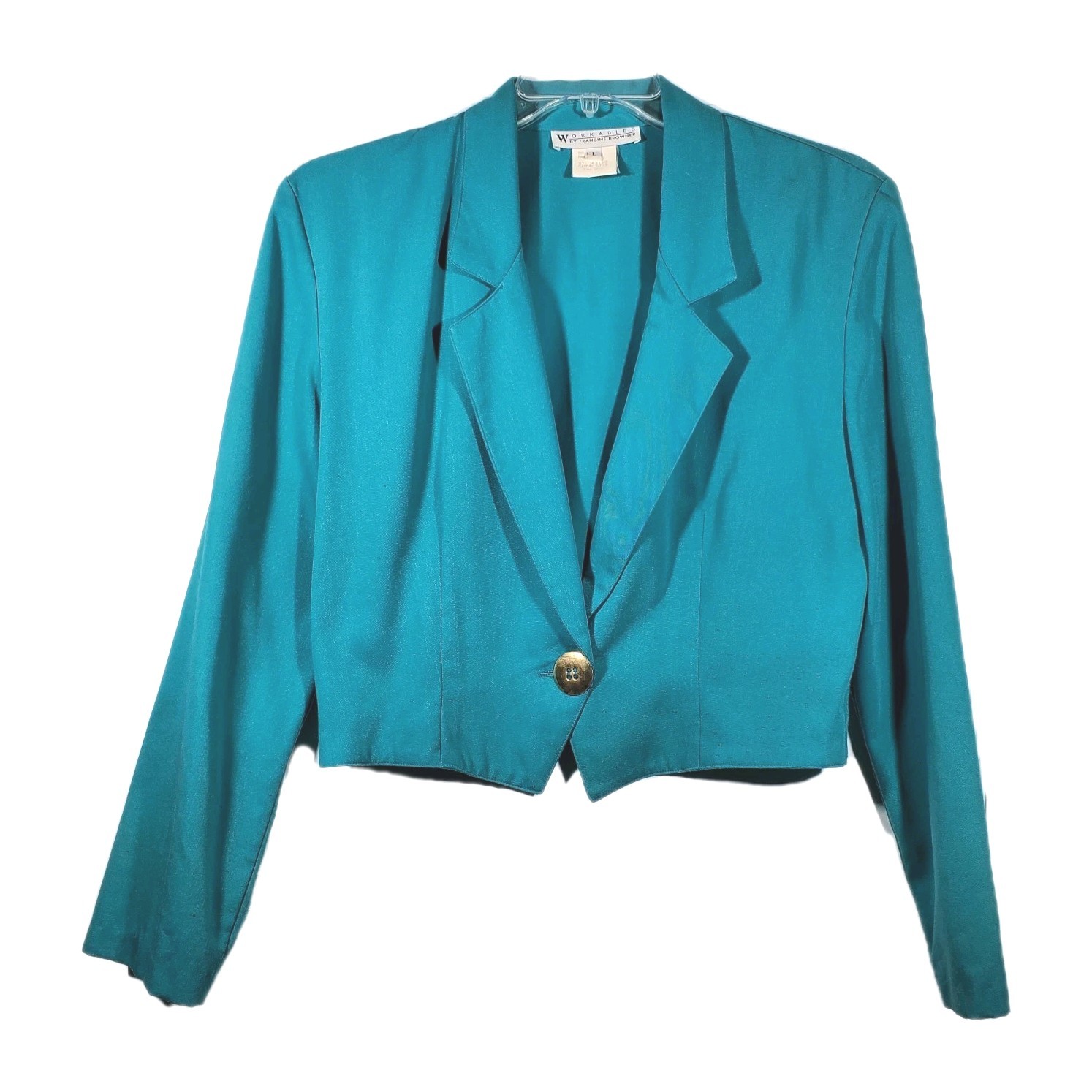 VTG 80s Workables Francine Browner Cropped Blazer Teal Turquoise Single Button L