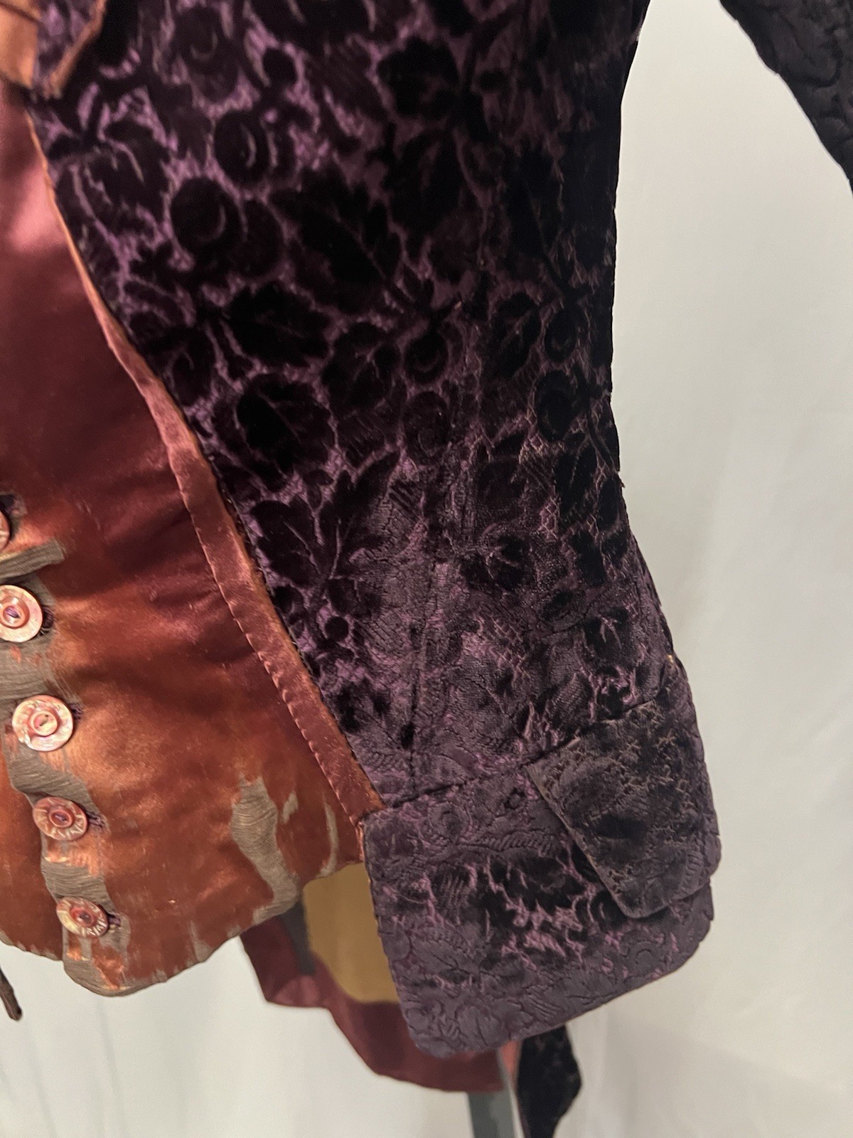 1880’s Burgundy Figured Velvet & Merlo Silk Satin Bodice