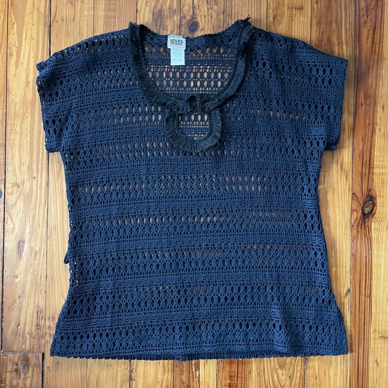 Vintage Dark Blue Crochet Top Black Fringe Trim Spare Parts California Size L